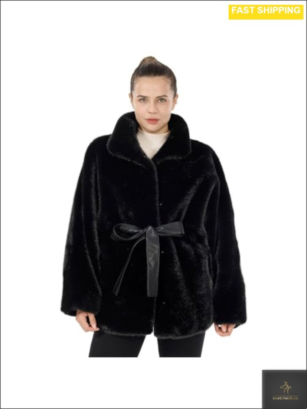 Loose Faux Fur Jacket Winter Warm Lapel Cardigan Fluffy Coat with Belt & Pockets